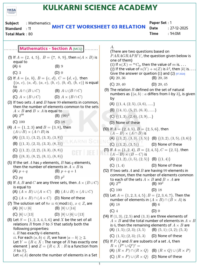 MHT Cet Worksheet 03 Relation 1008290 1 1766803745 | PDF | Algebra ...