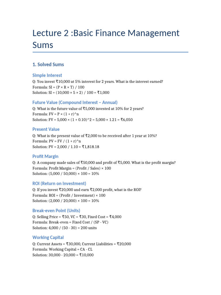 Basic Finance Management Formulas | PDF