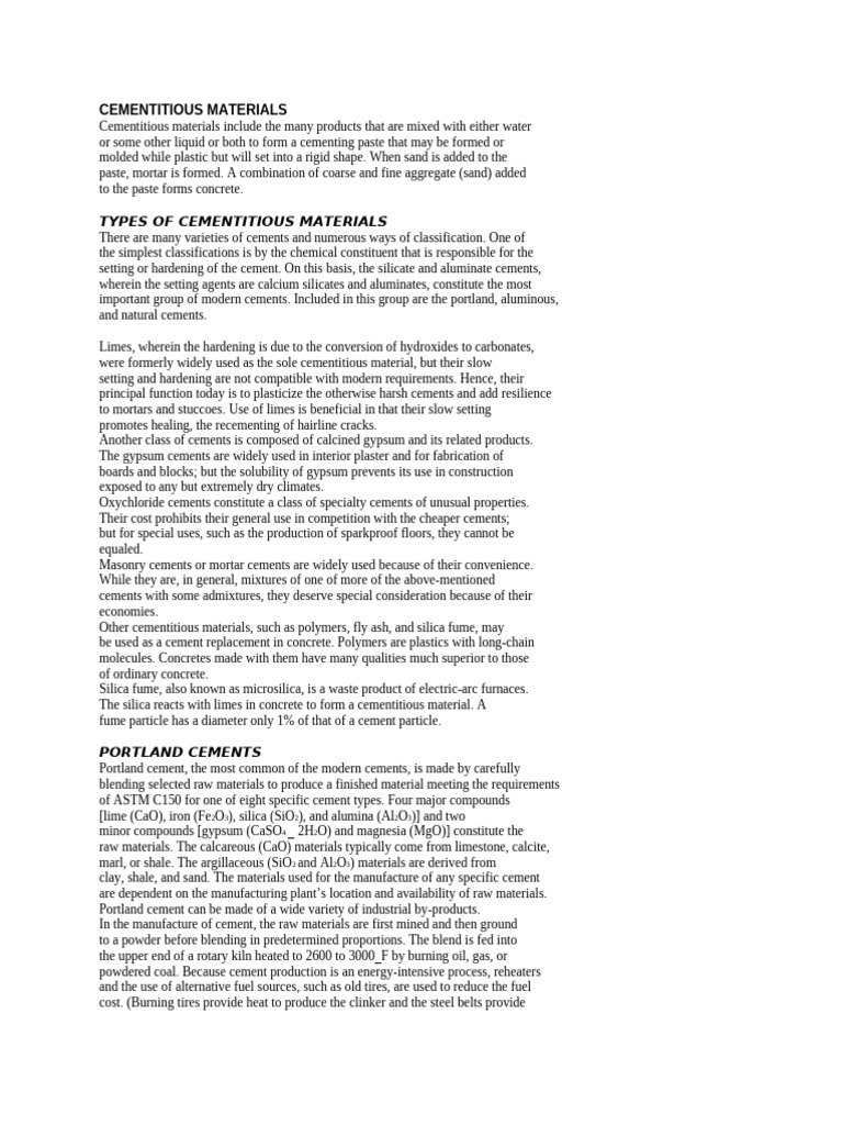 Types and Uses of Cementitious Materials | PDF | Lime (Material) | Cement