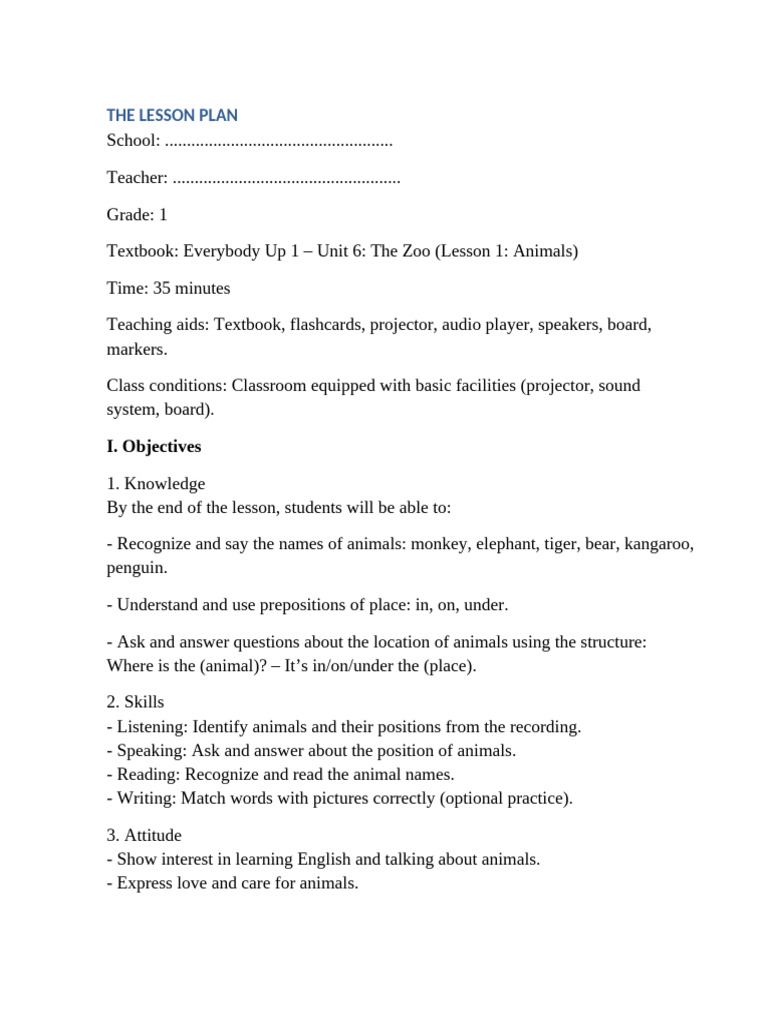 Grade 1 Zoo Animals Lesson Plan | PDF | Lesson Plan | Teachers