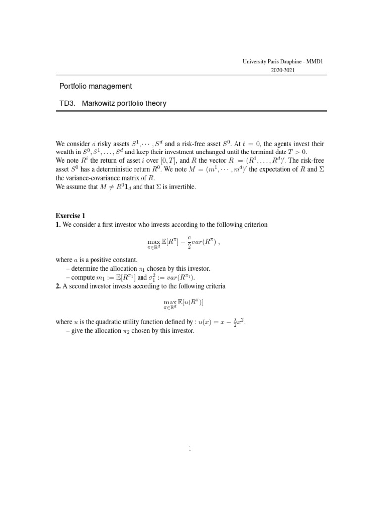 td3 2020 2021 | PDF | Modern Portfolio Theory | Algebra