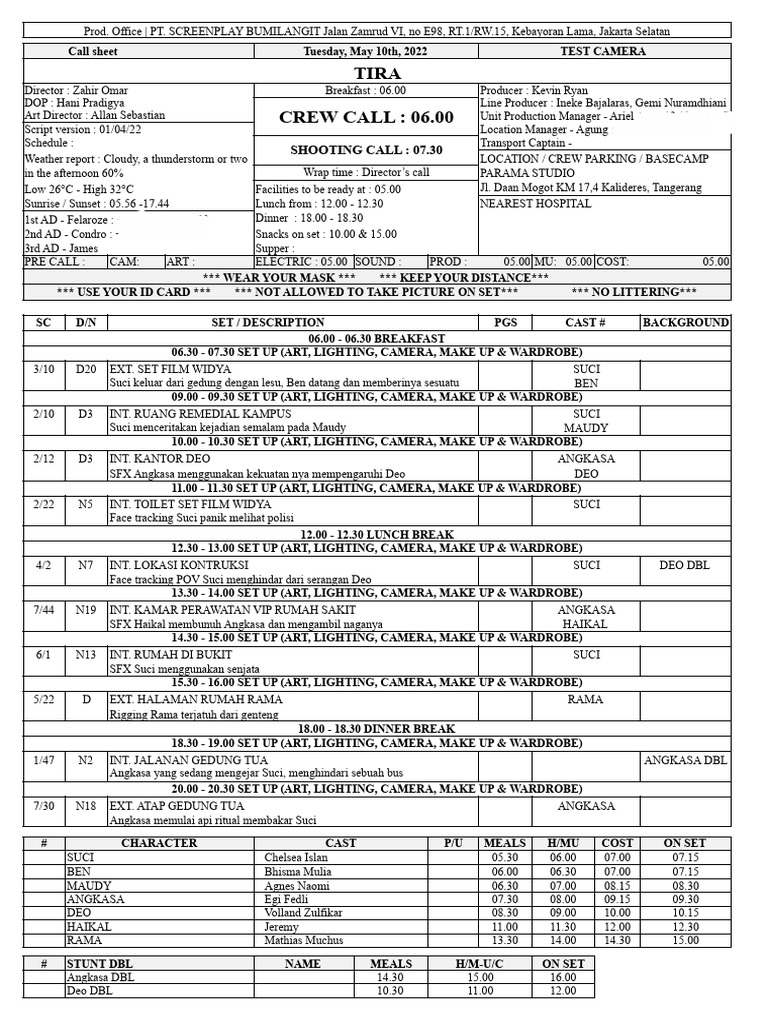 (Draft) TIRA - Call Sheet Test Cam - 050522 | PDF