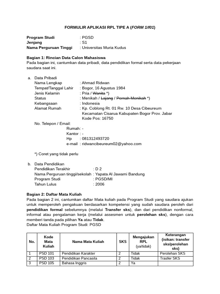 Formulir RPL PGSD Universitas Muria | PDF