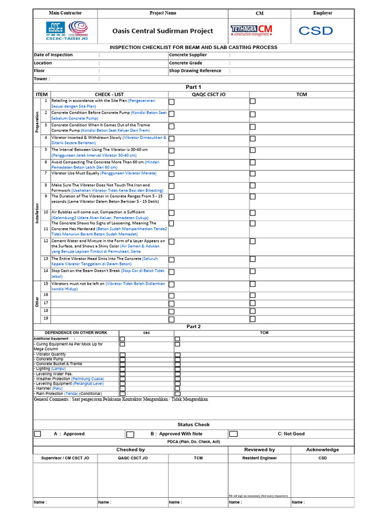 Beam and Slab Casting Inspection Checklist | PDF | Concrete | Secondary ...