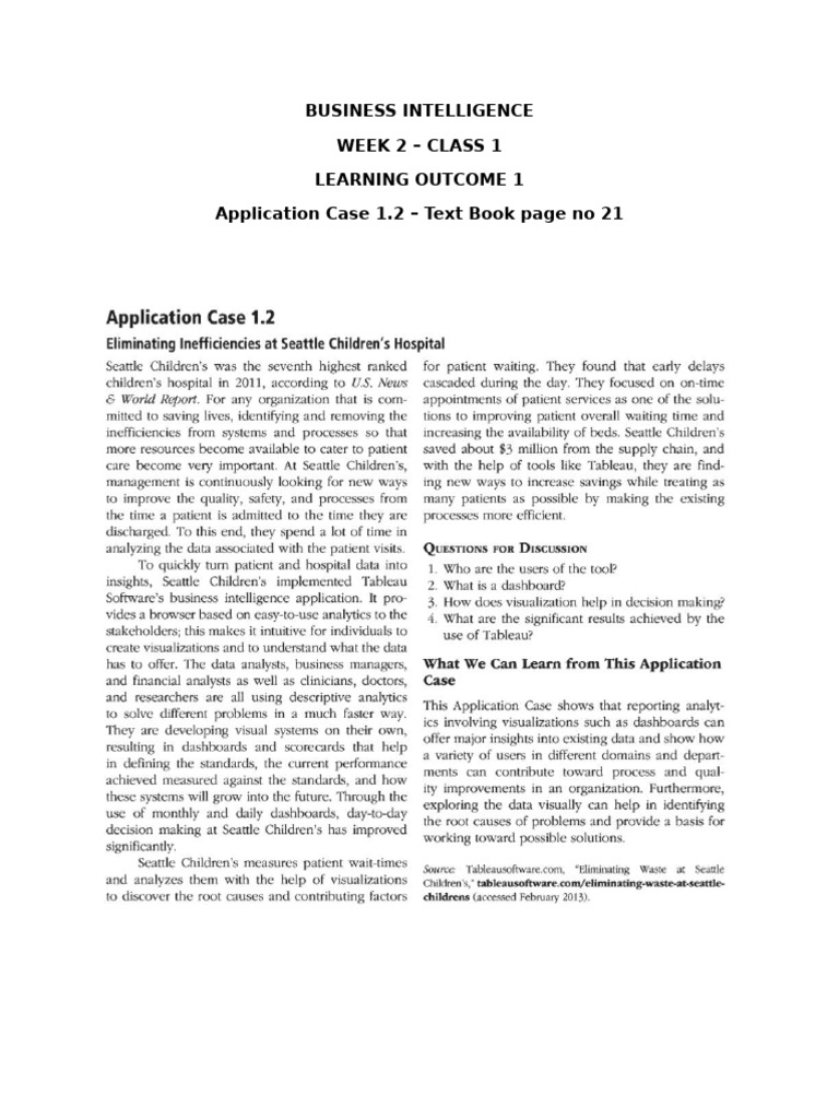 Week 2 - Case Study 1-2 - Seattle Childrens Hospital BI Solutions | PDF