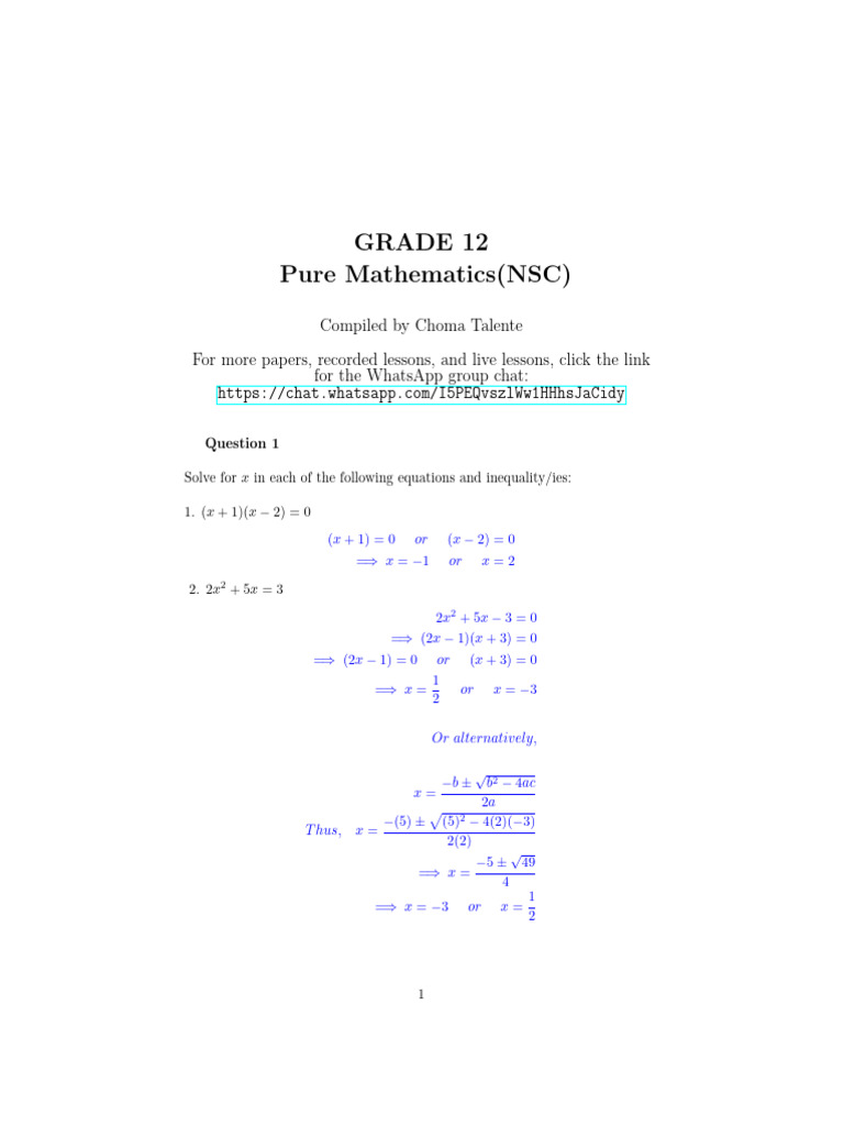 Grade 12 Pure Mathematics Solutions | PDF | Mathematics | Equations