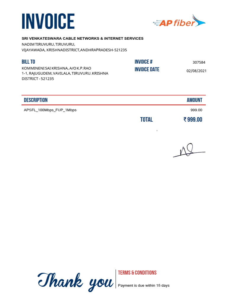 Invoice for Internet Services - ₹999 | PDF