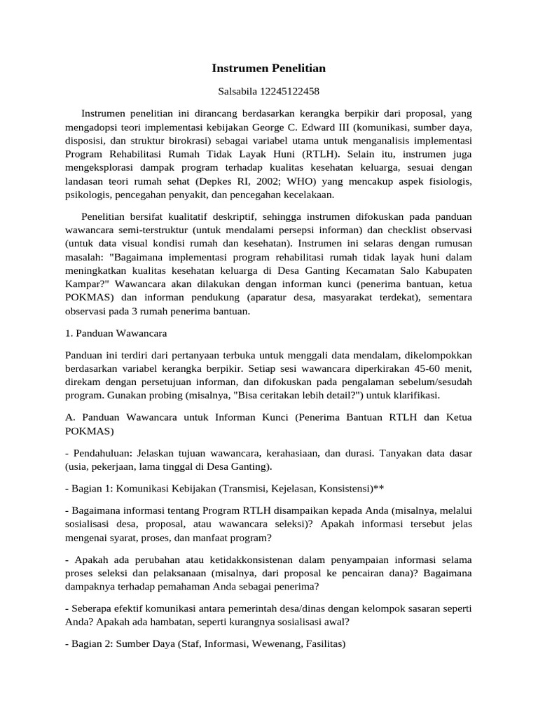 Instrumen Penelitian RTLH dan Kesehatan Keluarga | PDF