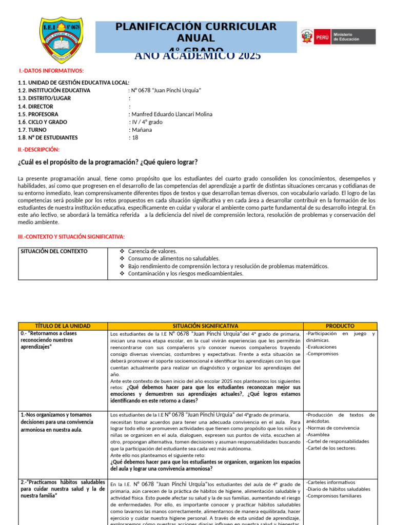 Programación Anual 2025: 4° Grado Primaria | PDF | Datos | Sustracción