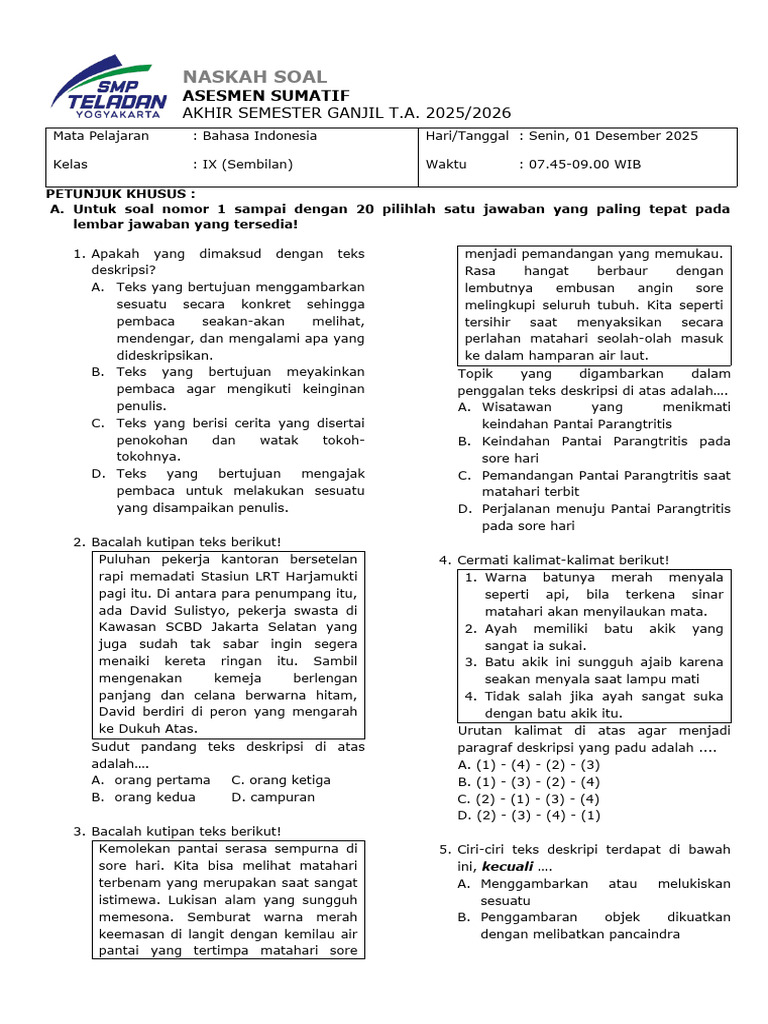 Soal Bahasa Indonesia Kelas IX Teks Deskripsi | PDF