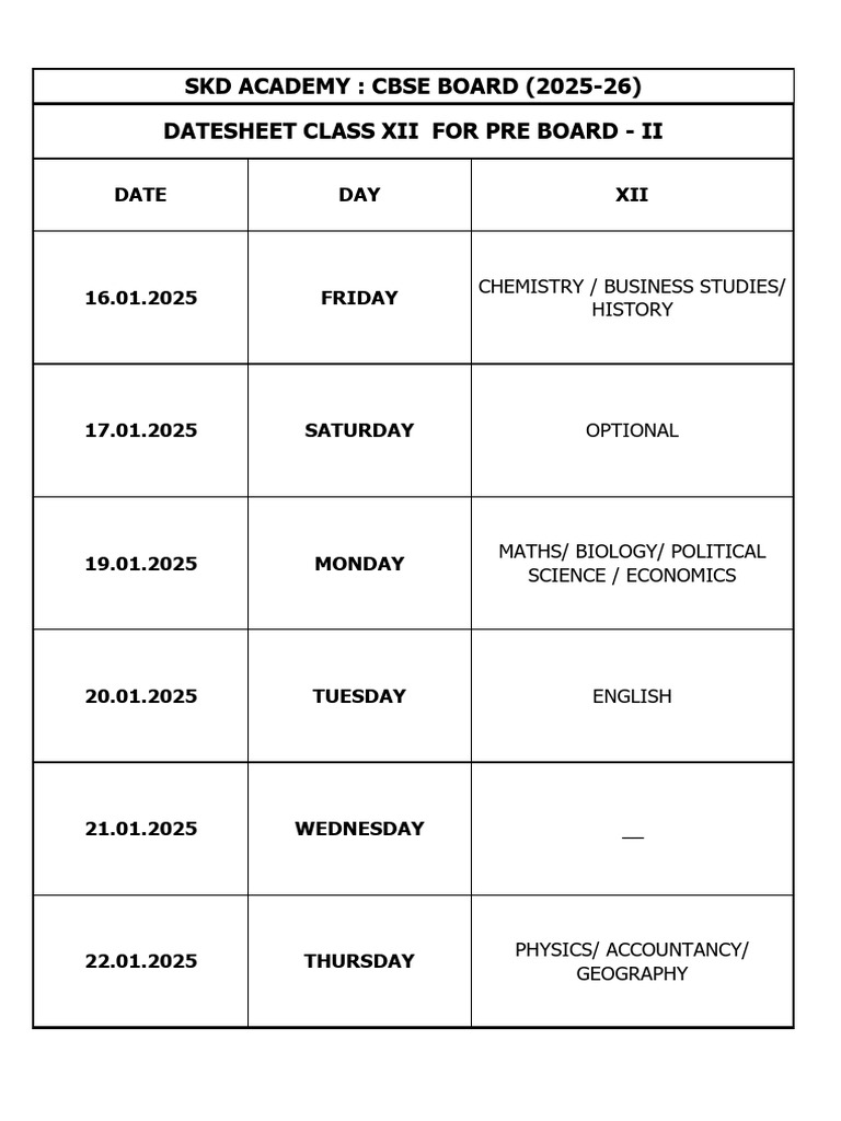 Class XII Pre Board II Datesheet 2025 | PDF
