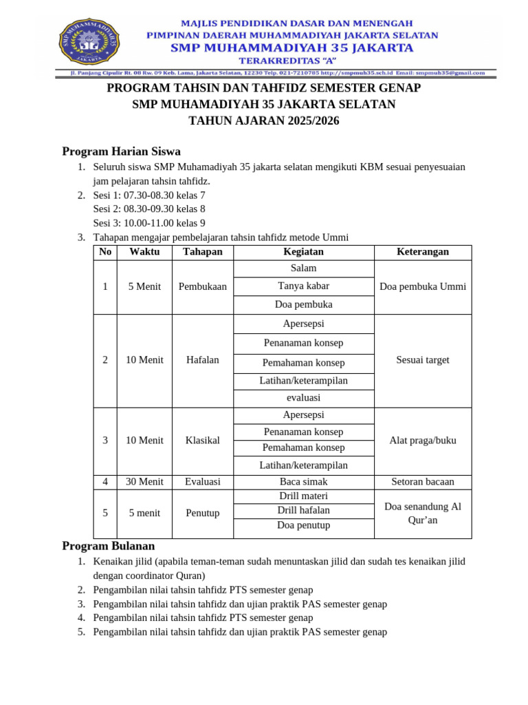 Program Tahsin Tahfidz SMP Muhamadiyah 35 | PDF