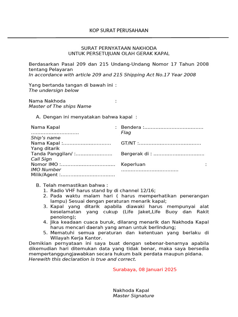 Surat Pernyataan Nakhoda Kapal | PDF