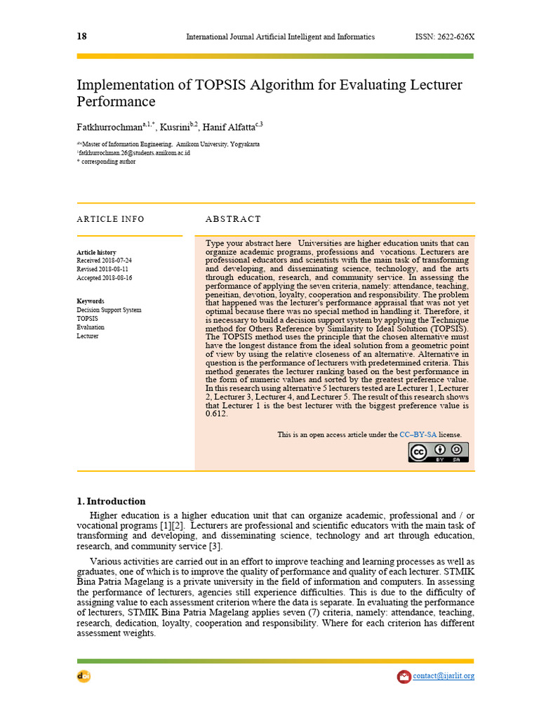 2 2018 Fahrurohman Implementation of Topsis Algorithm For Evaluating ...