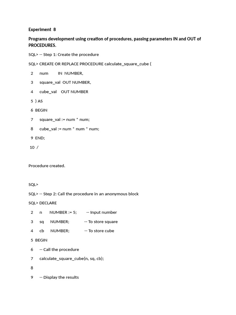 SQL Procedure for Square and Cube Calculation | PDF