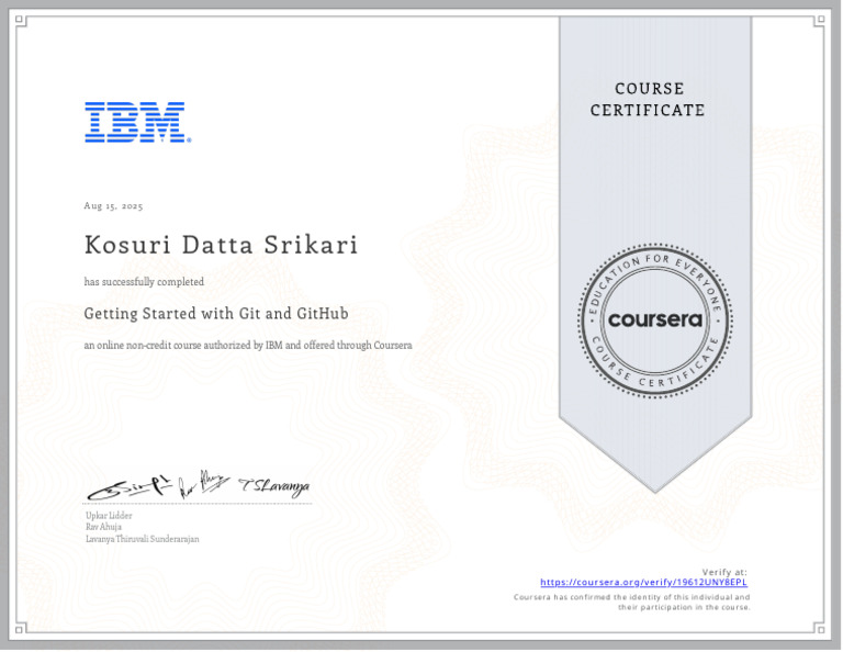 Git and GitHub Course Completion Certificate | PDF