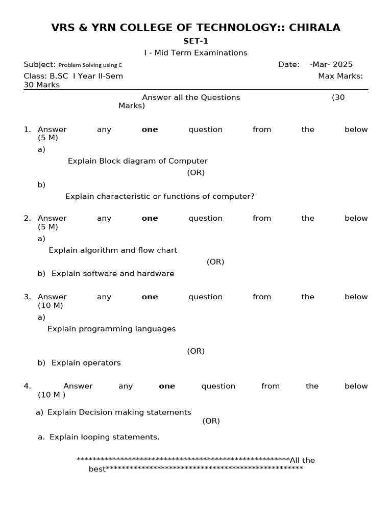 Mid Term Exam Questions: C Programming | PDF | Software Engineering ...