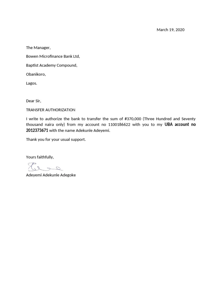 Transfer Authorization Letter Template | PDF