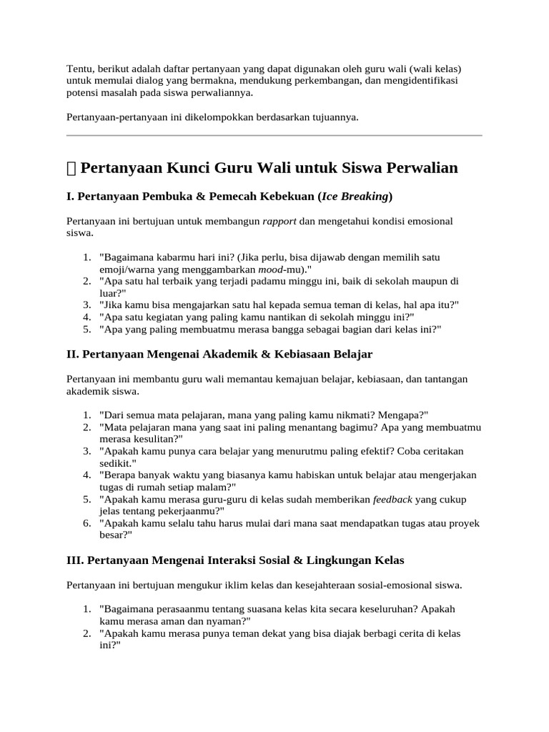Pertanyaan Dialog Guru Wali untuk Siswa | PDF