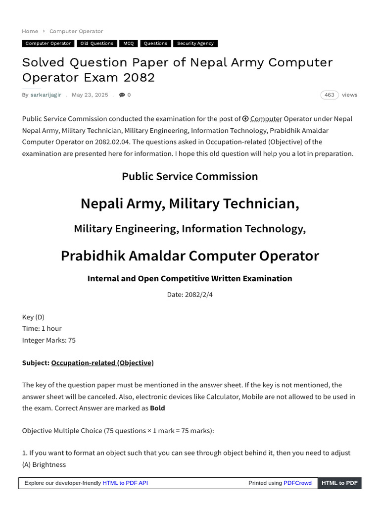 Nepal Army Computer Operator Exam MCQs | PDF | Computer Network ...