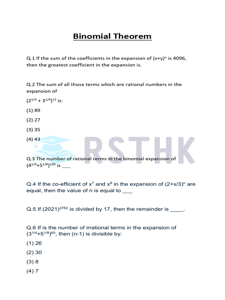 Binomial Theorem Practice Questions | PDF | Rational Number | Mathematics