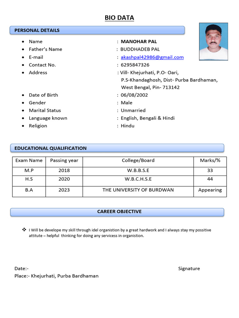Manohar Pal's Bio Data Summary | PDF