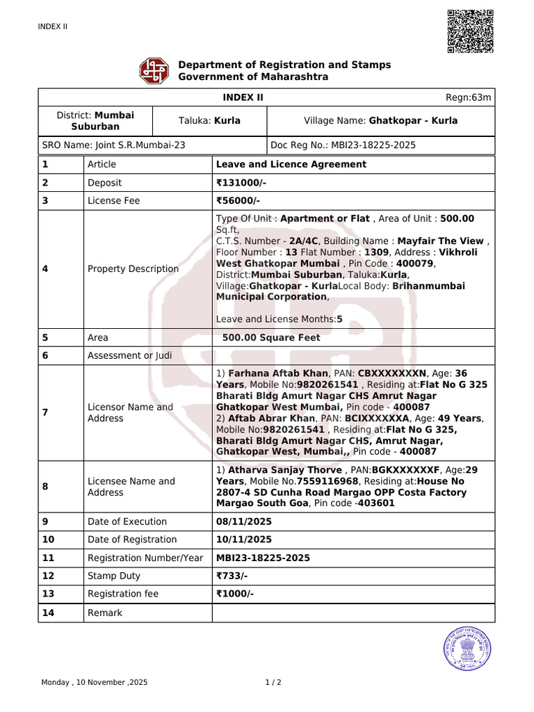 Leave and License Agreement Mumbai | PDF | License | Business Law