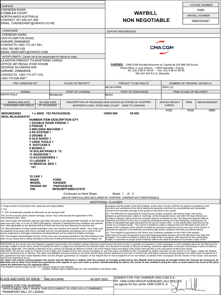 Cargo Shipment Waybill Details | PDF | Bill Of Lading | Cargo