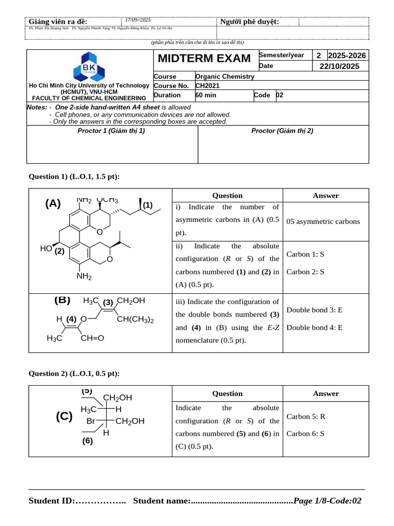 Organic Chemistry Midterm Exam 2025 | PDF | Amine | Chemistry