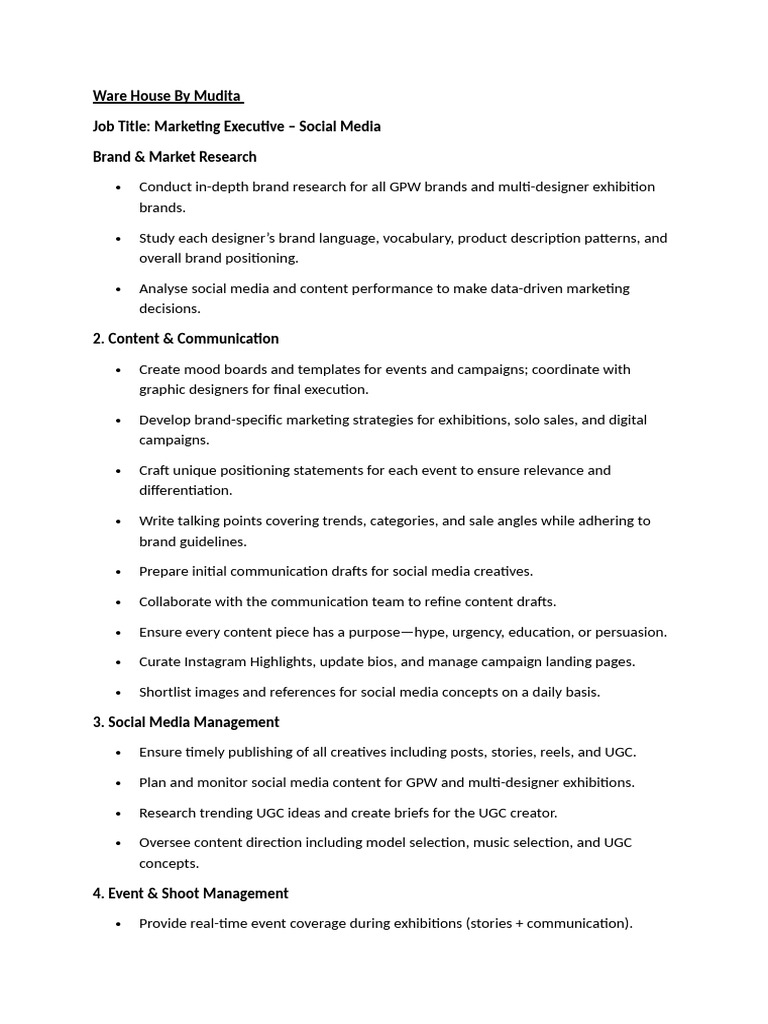 JD for Marketing Executive (1) | PDF | Brand | Marketing