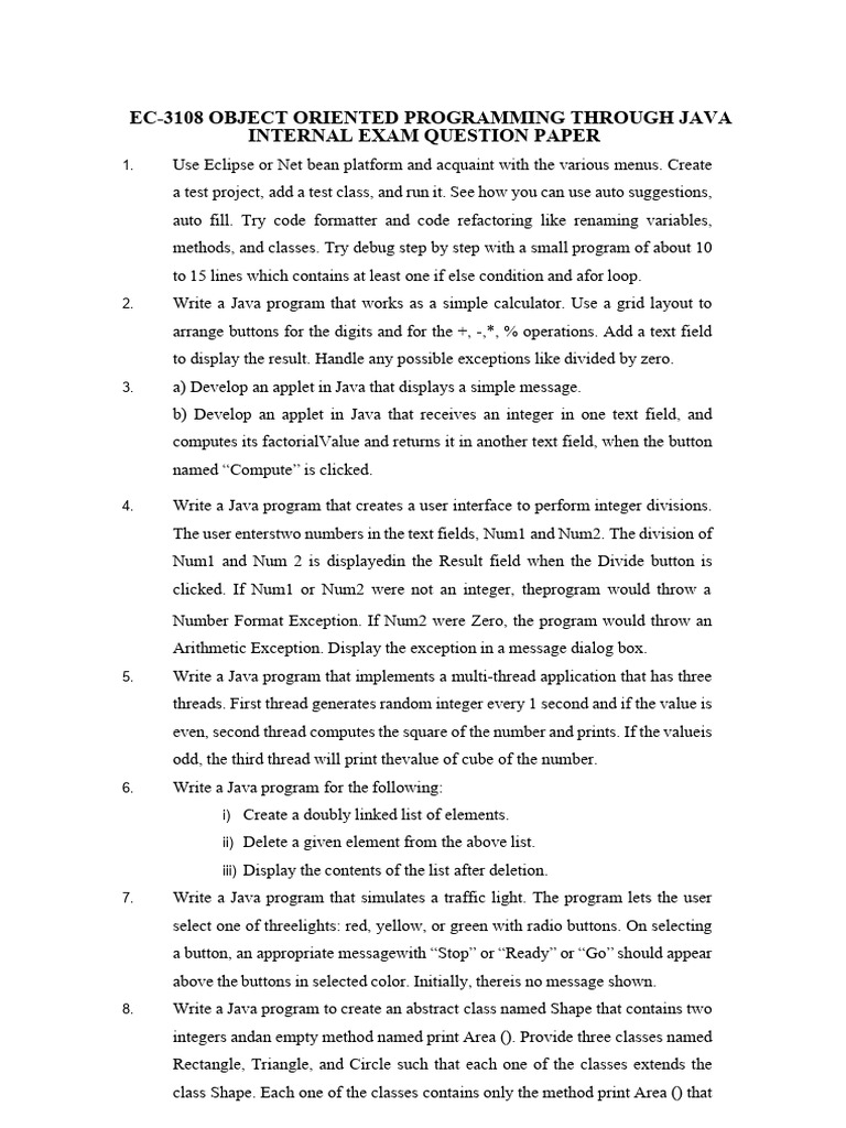 Java OOP Internal Exam Questions | PDF | Area | Java (Programming Language)