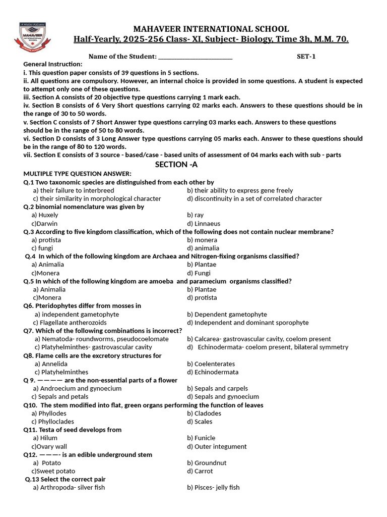Class XI Biology Half-Yearly Exam 2025 | PDF | Leaf | Biology