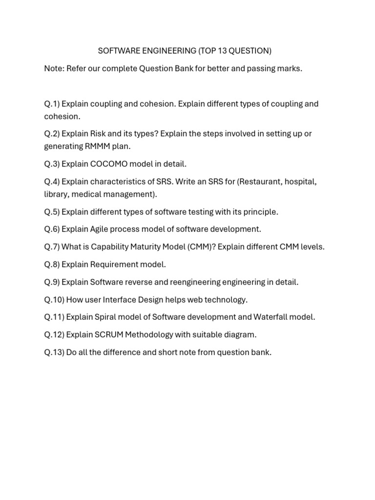 Top 13 Software Engineering Questions | PDF