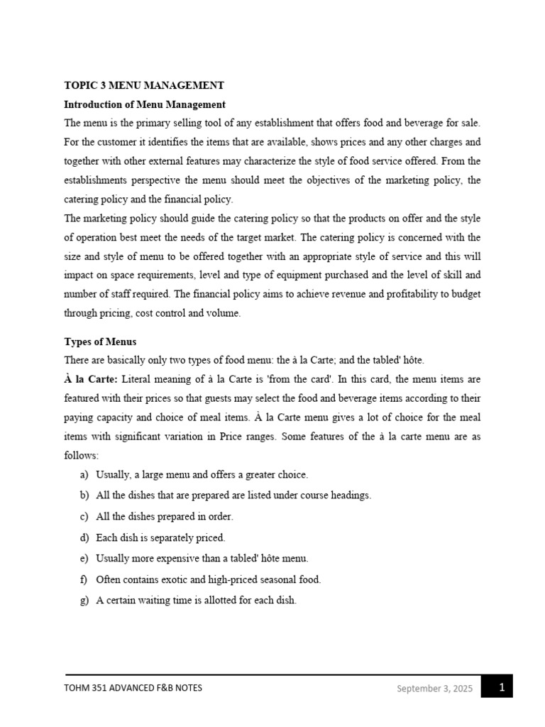 Menu Management in Food Service | PDF | Menu | Verification And Validation