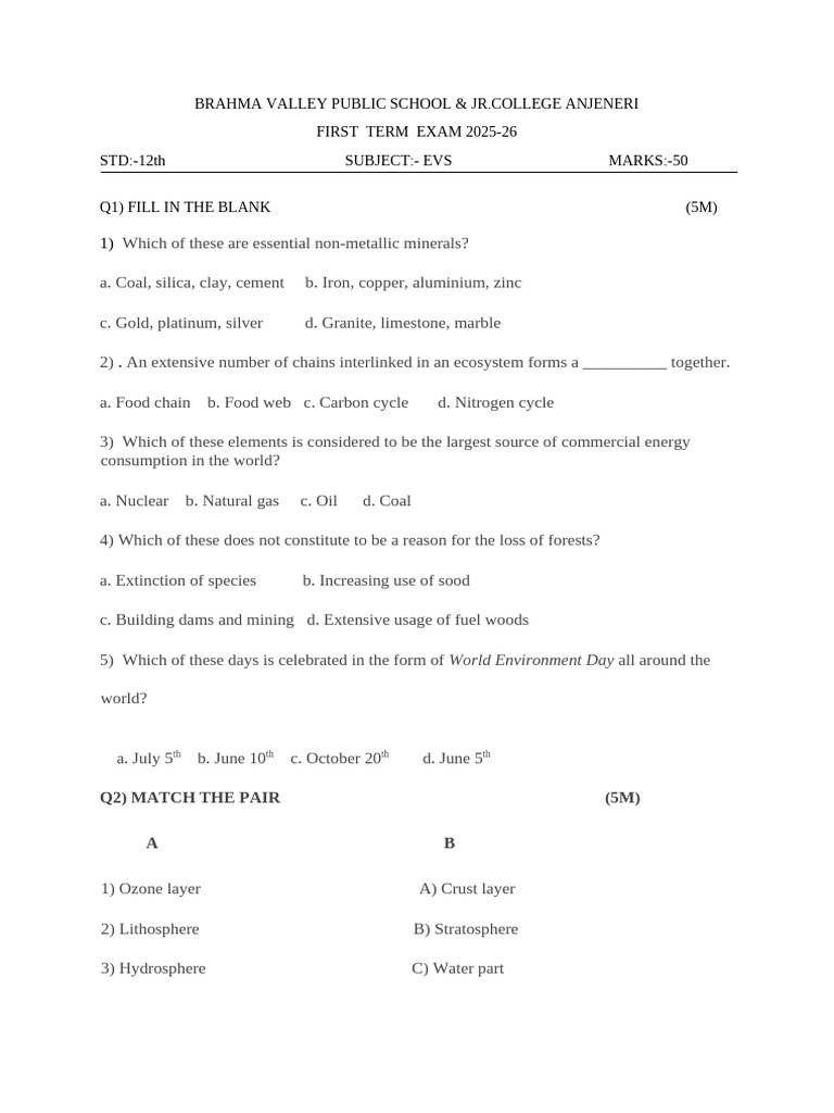 EVS Exam Paper for 12th Grade 2025-26 | PDF