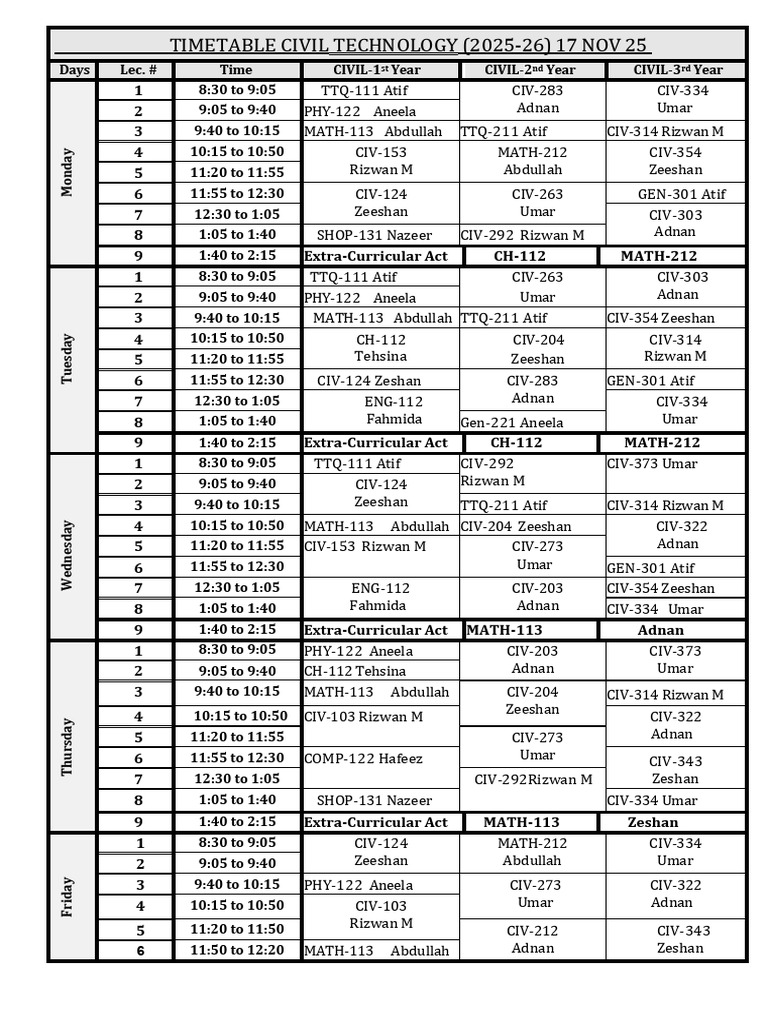 Timetable CIVIL 2025-26 Edited 25-10-25-2 | PDF