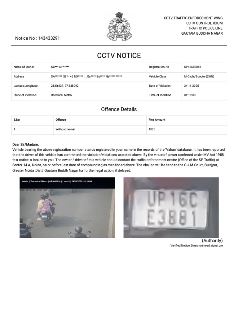 CCTV Traffic Violation Notice: Helmet Fine | PDF