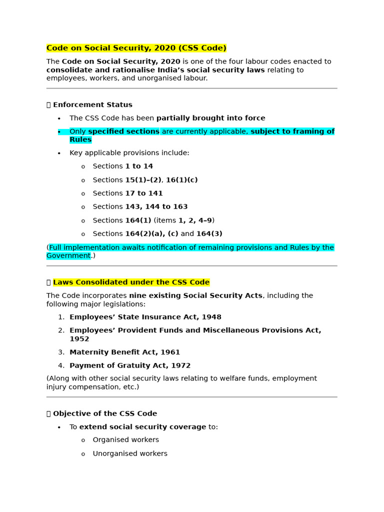 Code on Social Security 2020 Overview | PDF | Employment | Welfare