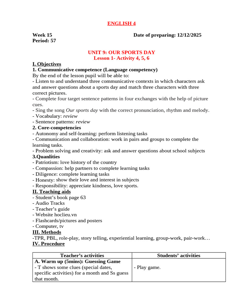 Sports Day Lesson Plan Activities | PDF | Stress (Linguistics) | Vocabulary