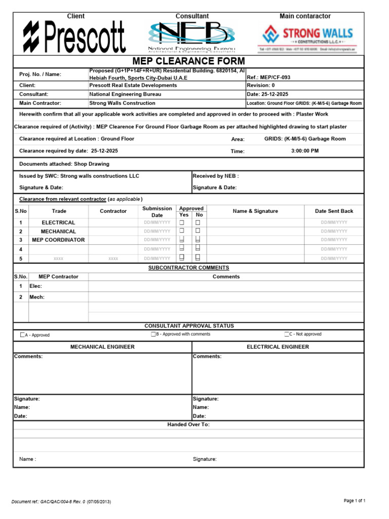 MEP Clearance Form for Residential Project | PDF | Building | Engineering