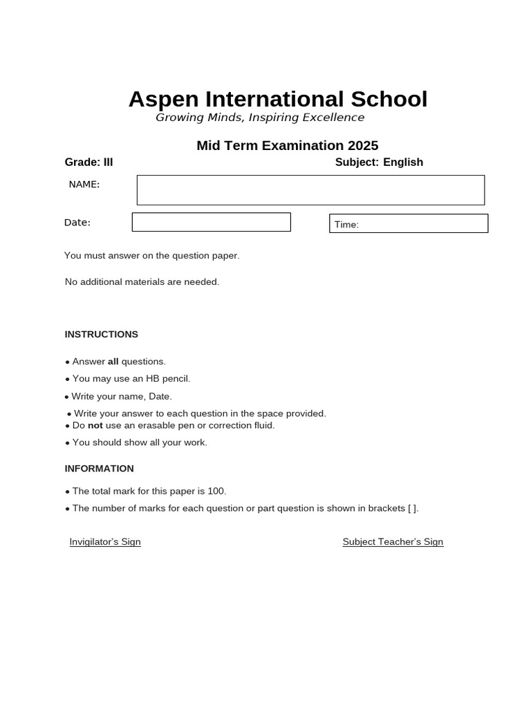 Grade III English Mid Term Exam 2025 | PDF