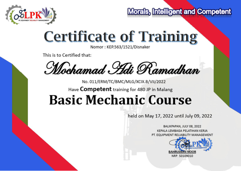 Competency Certificate for Basic Mechanic Course | PDF