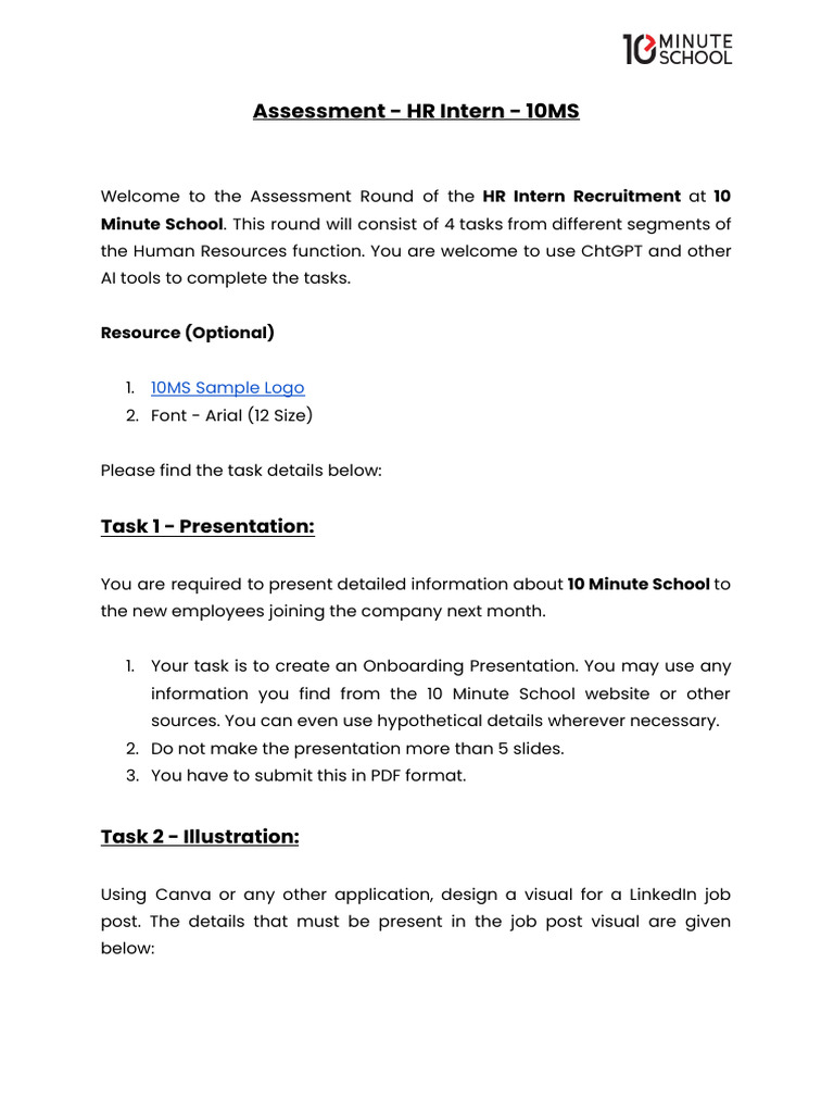 HR Intern Assessment Tasks at 10MS | PDF | Spreadsheet | Computing