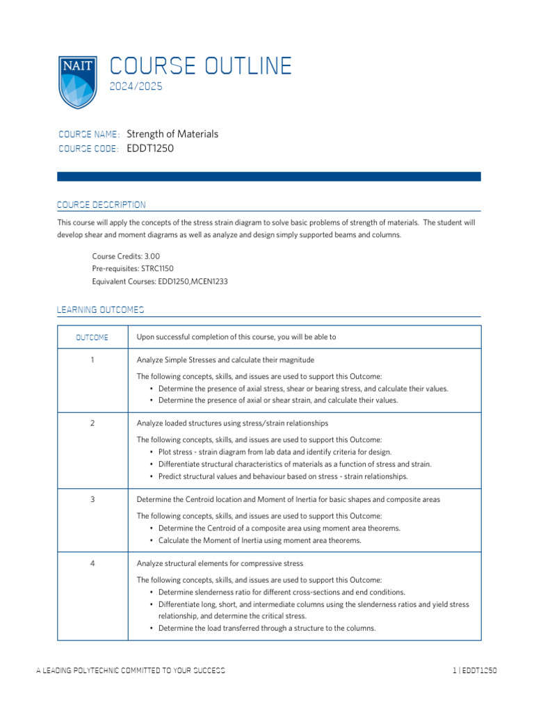 Course Outline EDDT1250 - 2024 | PDF | Stress (Mechanics) | Strength Of ...