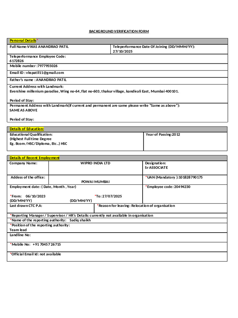 BGV Form | PDF
