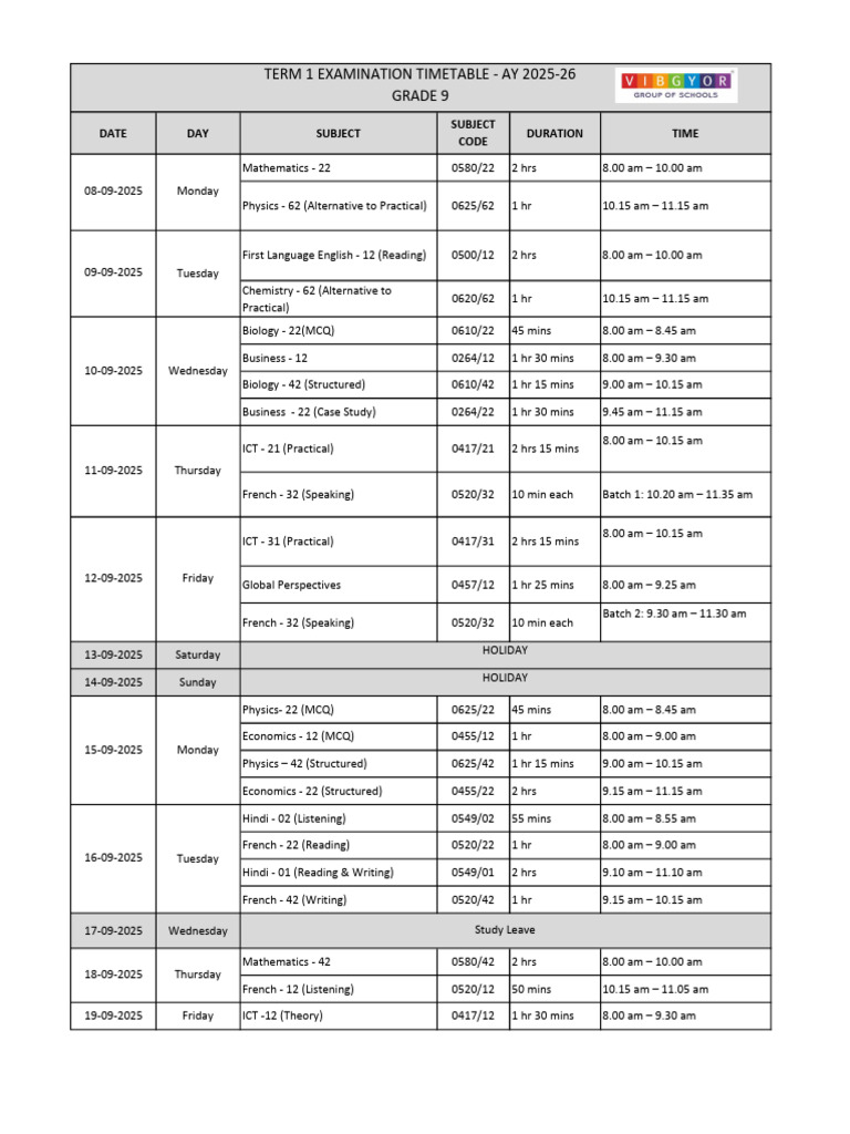 Grade 9 Term 1 Exam Timetable 2025-26 | PDF