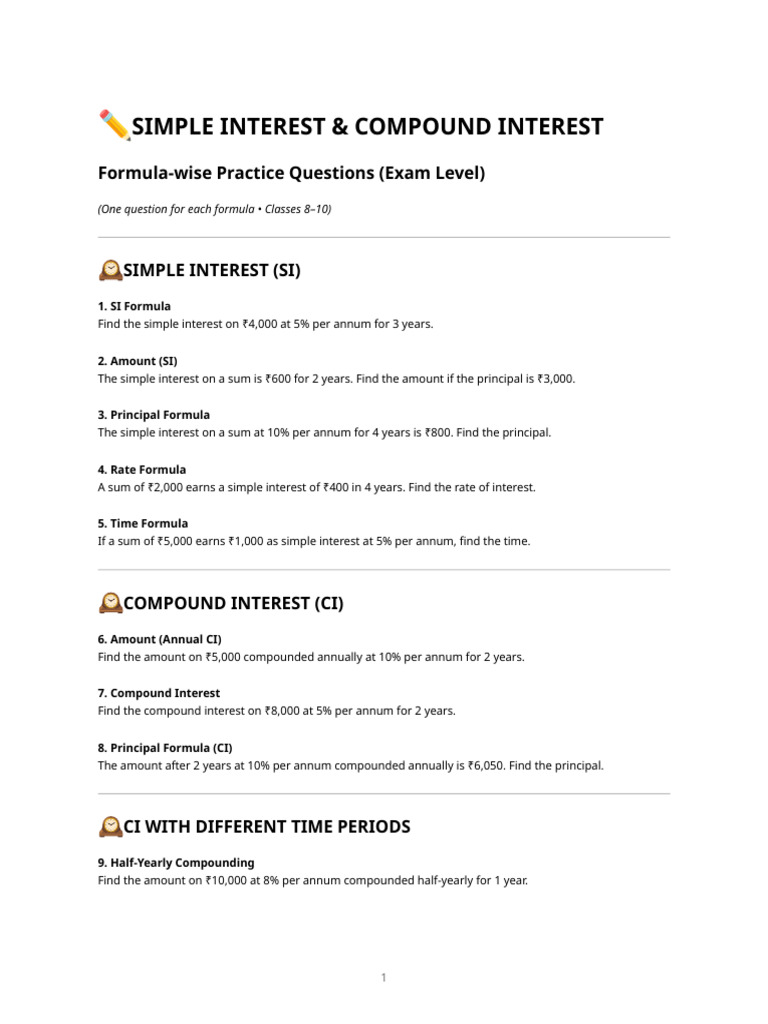 Simple & Compound Interest Practice | PDF