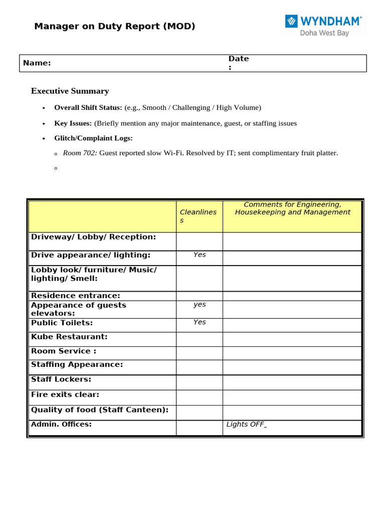 Manager on Duty Report Summary | PDF