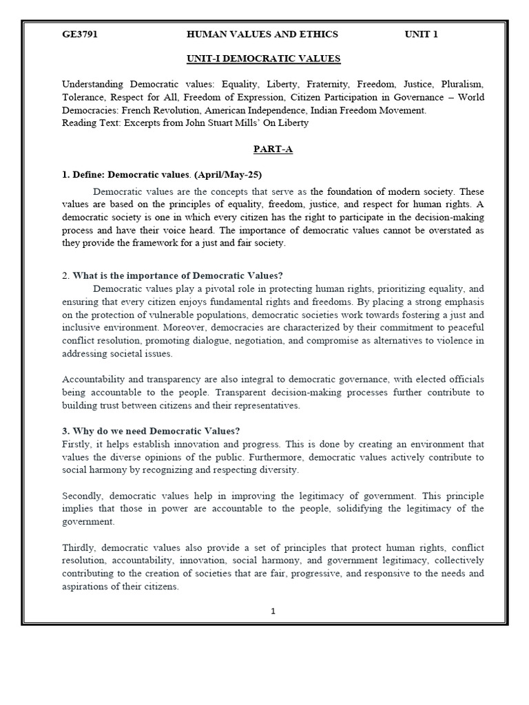 Human Values and Ethics GE3791 | PDF | Democracy | Political Ideologies