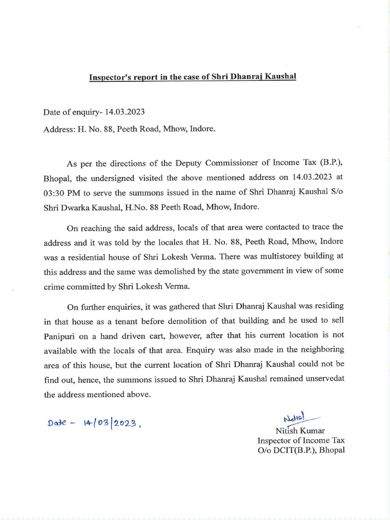 Inspector Report of Shri Dhanraj Koushal | PDF